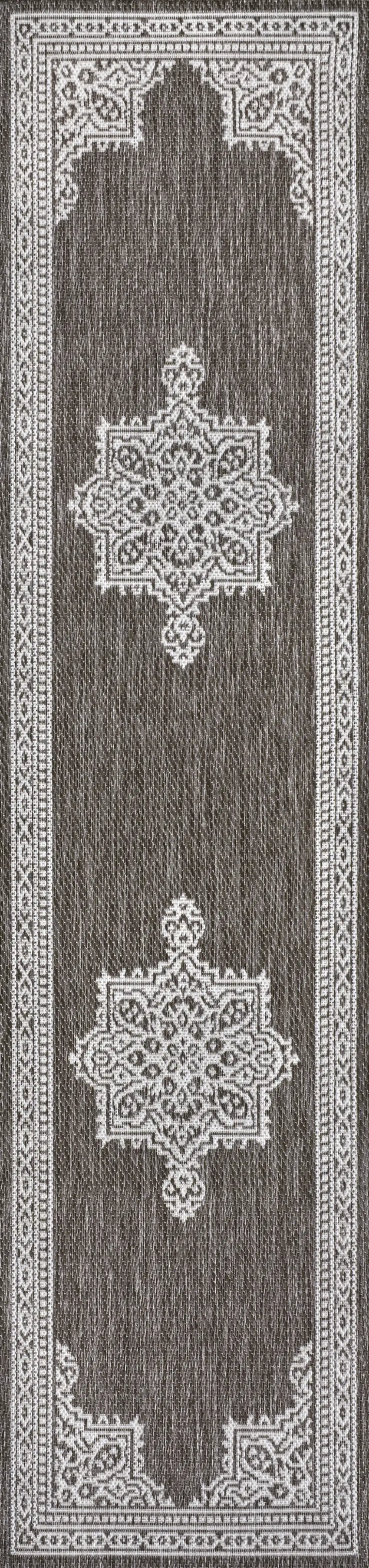 8' Light Brown And Cream Medallion Indoor Outdoor Runner Rug Photo 8