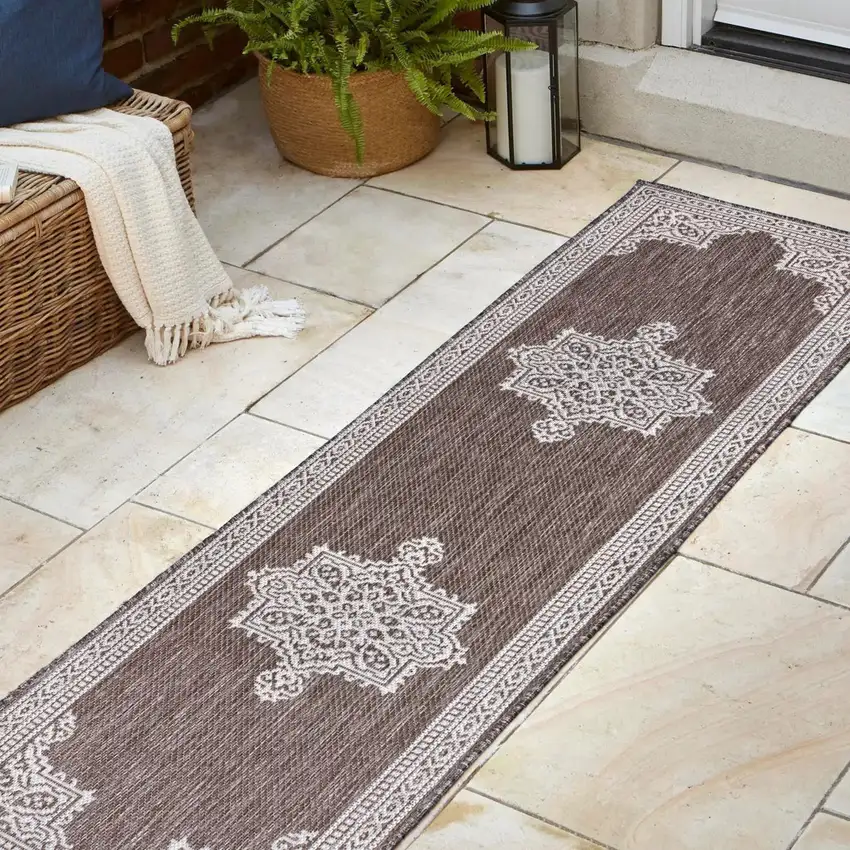 8' Light Brown And Cream Medallion Indoor Outdoor Runner Rug Photo 6