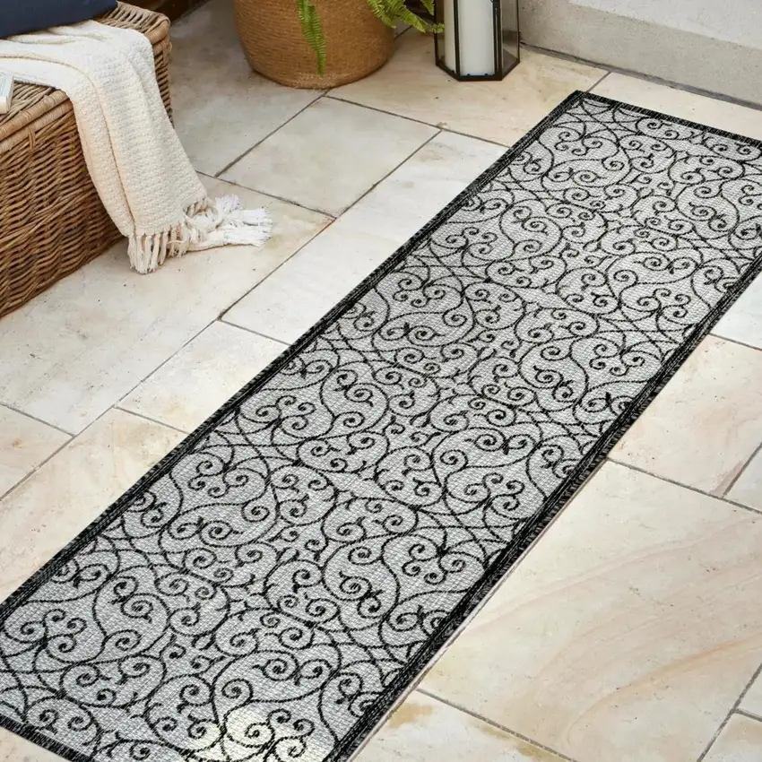 10' Light Gray And Black Geometric Indoor Outdoor Runner Rug Photo 4