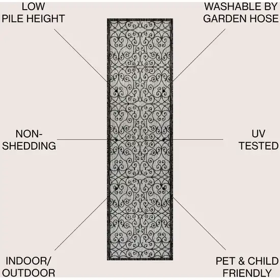 10' Light Gray And Black Geometric Indoor Outdoor Runner Rug Photo 8