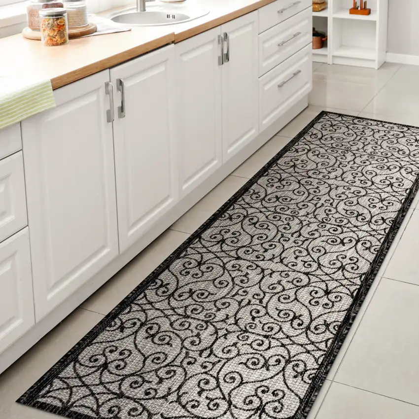 10' Light Gray And Black Geometric Indoor Outdoor Runner Rug Photo 5