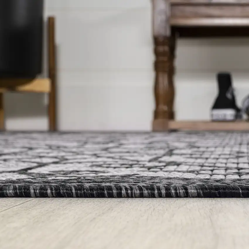 8' Light Gray And Black Geometric Indoor Outdoor Runner Rug Photo 6