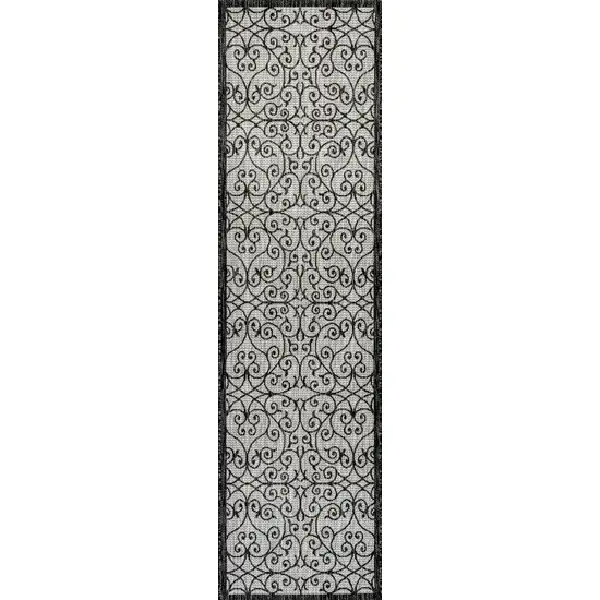 8' Light Gray And Black Geometric Indoor Outdoor Runner Rug Photo 1