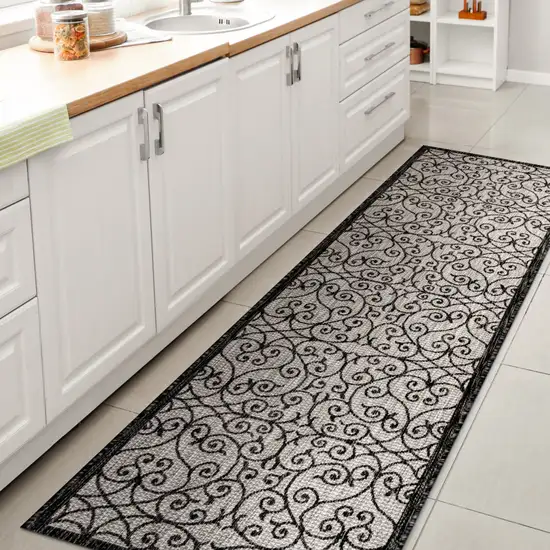 8' Light Gray And Black Geometric Indoor Outdoor Runner Rug Photo 5