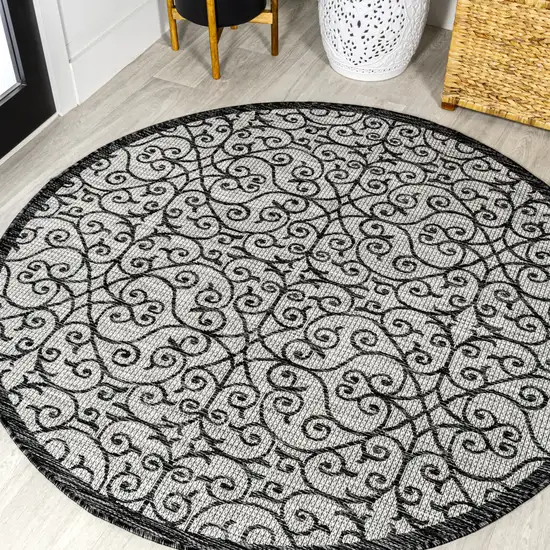 5' Light Gray And Black Round Geometric Indoor Outdoor Area Rug Photo 4