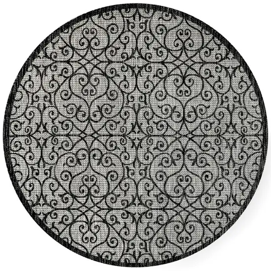 8' Light Gray And Black Round Geometric Indoor Outdoor Area Rug Photo 3