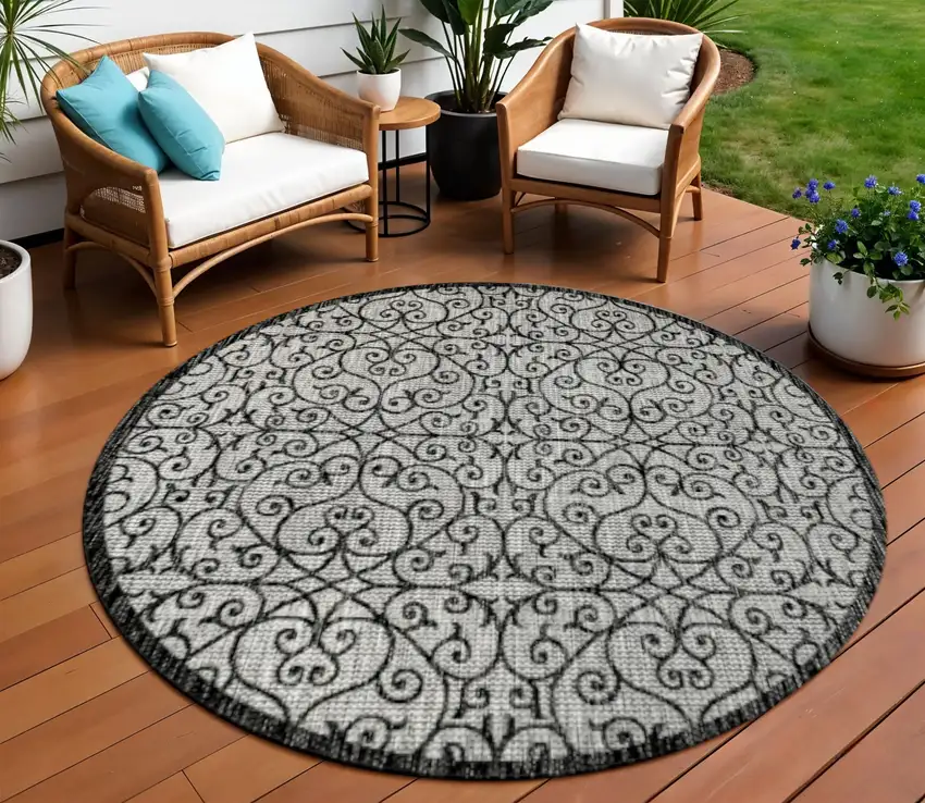 8' Light Gray And Black Round Geometric Indoor Outdoor Area Rug Photo 1