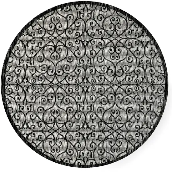 8' Light Gray And Black Round Geometric Indoor Outdoor Area Rug Photo 1