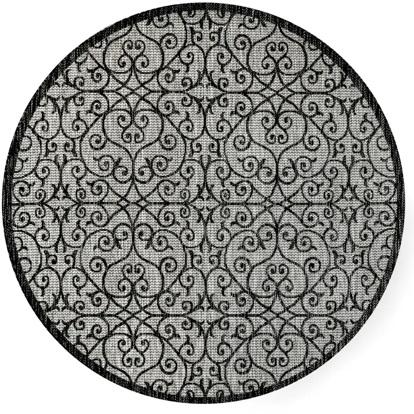 9' Light Gray And Black Round Geometric Indoor Outdoor Area Rug Photo 1