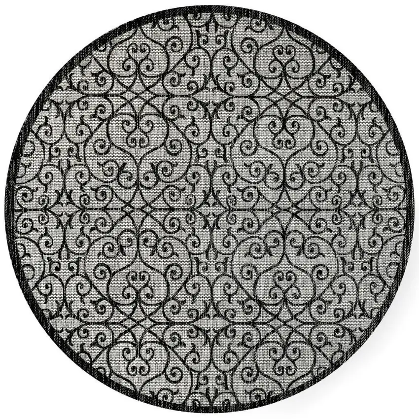 9' Light Gray And Black Round Geometric Indoor Outdoor Area Rug Photo 3