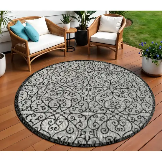 9' Light Gray And Black Round Geometric Indoor Outdoor Area Rug Photo 1