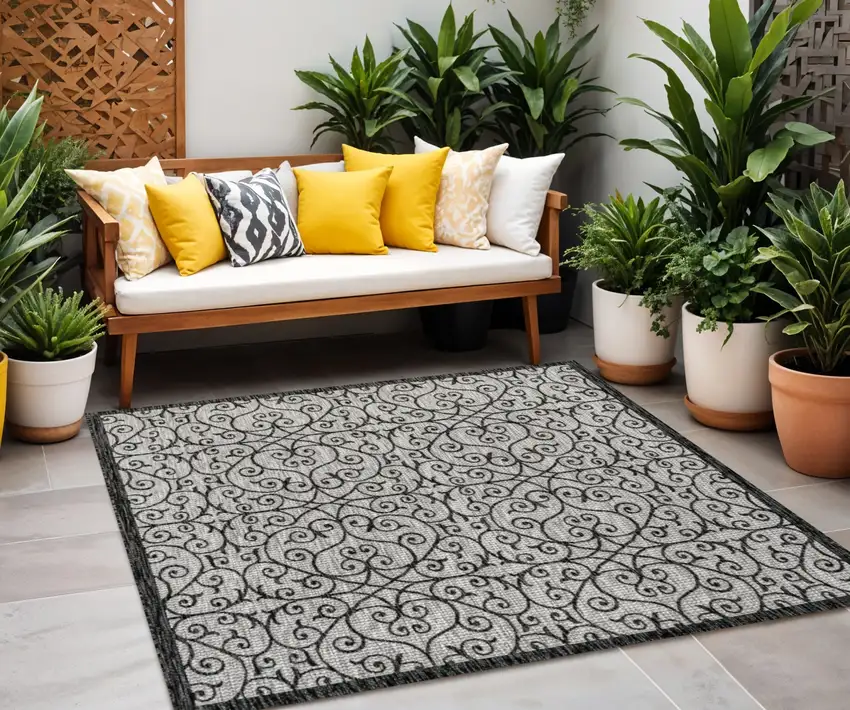 5' Light Gray And Black Square Geometric Indoor Outdoor Area Rug Photo 1