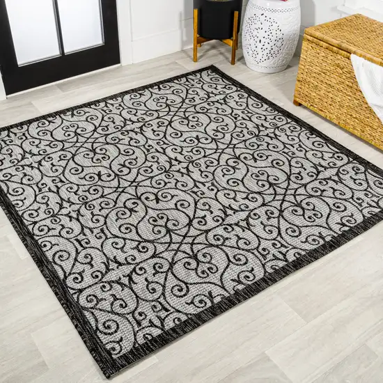 5' Light Gray And Black Square Geometric Indoor Outdoor Area Rug Photo 4