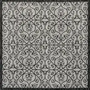 Photo of 9' Light Gray And Black Square Geometric Indoor Outdoor Area Rug