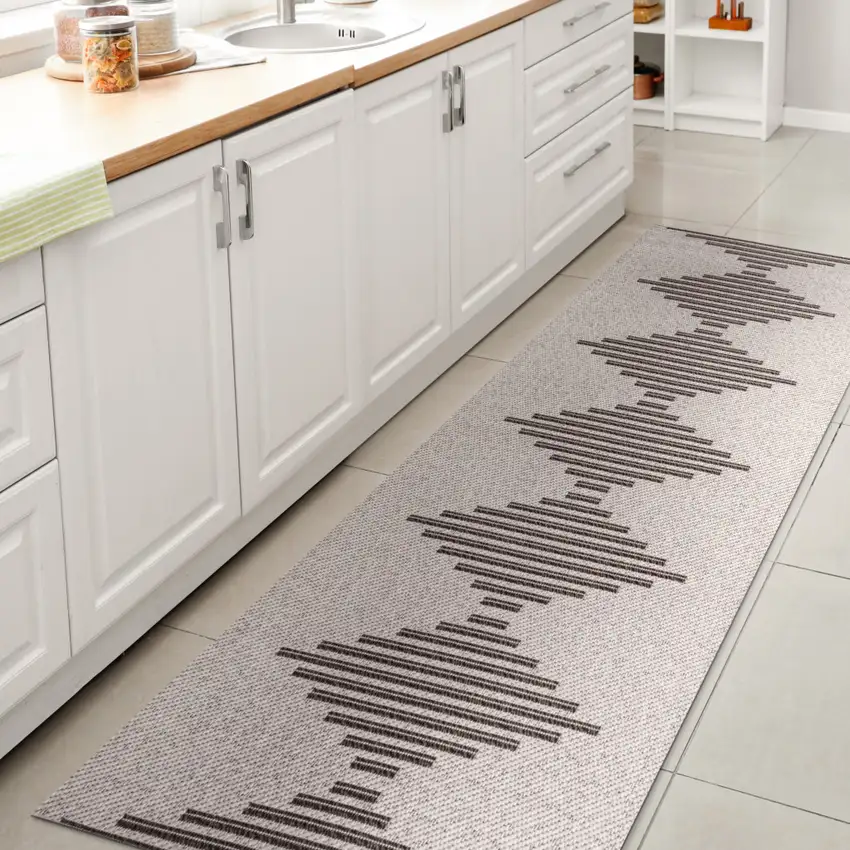 8' Light Gray And Black Striped Indoor Outdoor Runner Rug Photo 5