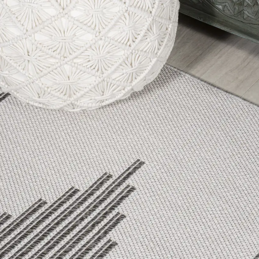 8' Light Gray And Black Striped Indoor Outdoor Runner Rug Photo 6