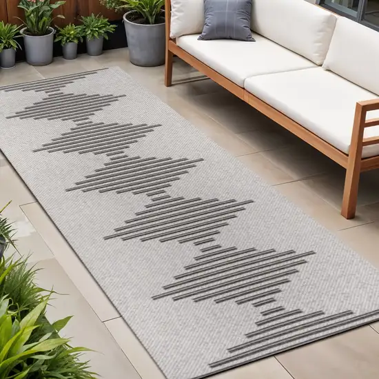 8' Light Gray And Black Striped Indoor Outdoor Runner Rug Photo 1