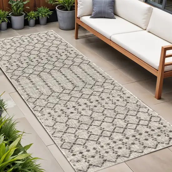 20' Light Gray And Black Trellis Indoor Outdoor Runner Rug Photo 1