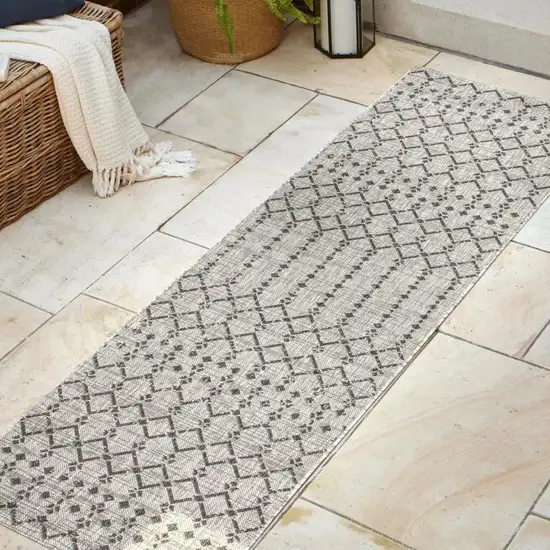 20' Light Gray And Black Trellis Indoor Outdoor Runner Rug Photo 5