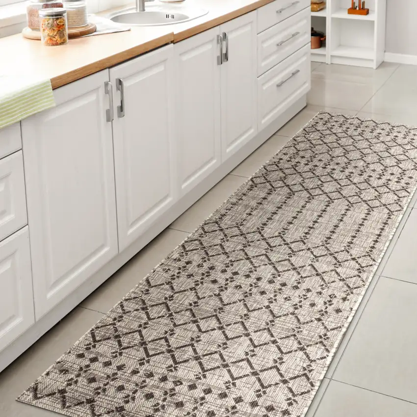 20' Light Gray And Black Trellis Indoor Outdoor Runner Rug Photo 6