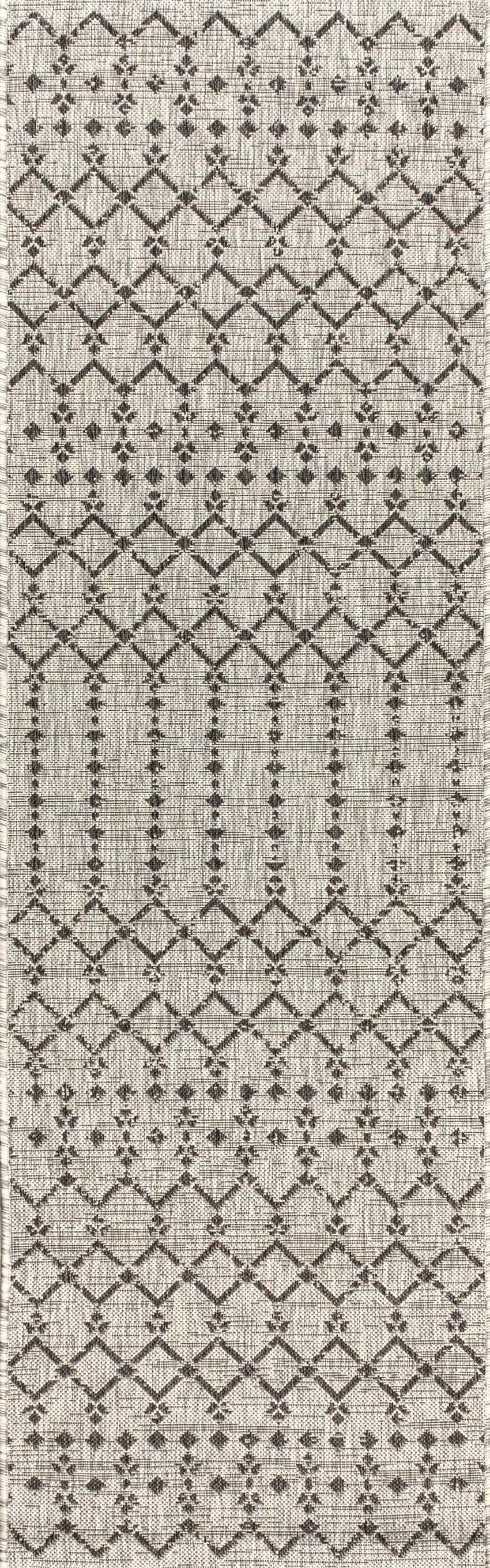 8' Light Gray And Black Trellis Indoor Outdoor Runner Rug Photo 3