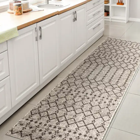 8' Light Gray And Black Trellis Indoor Outdoor Runner Rug Photo 6