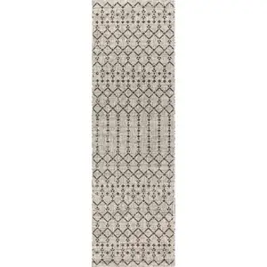Photo of 8' Light Gray And Black Trellis Indoor Outdoor Runner Rug