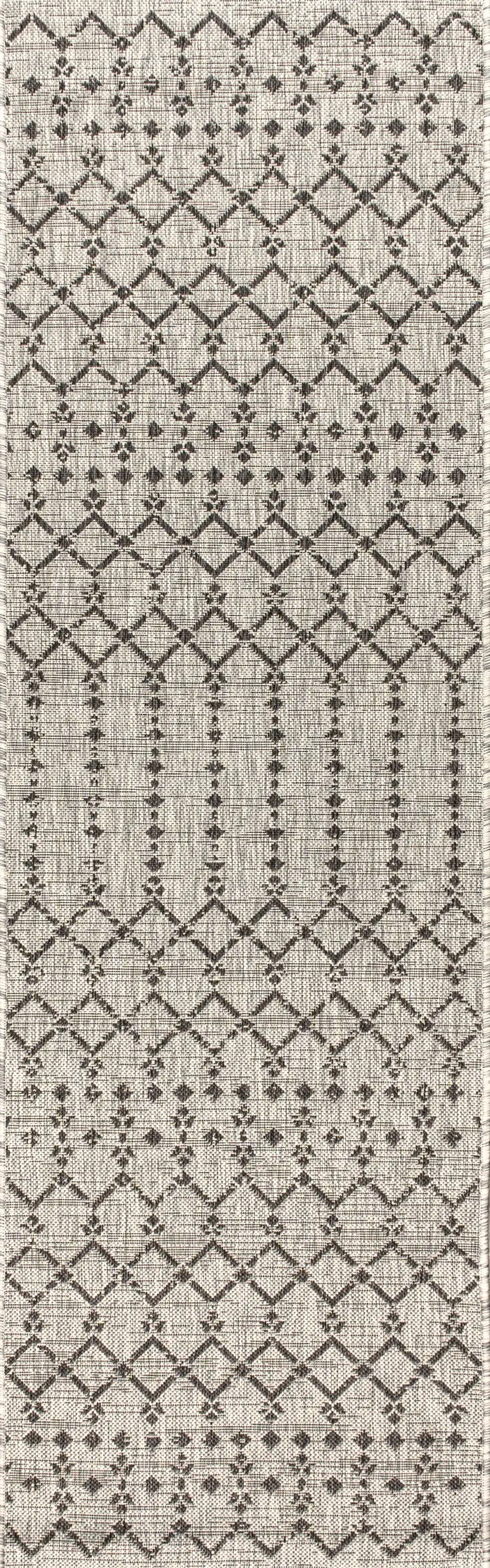 8' Light Gray And Black Trellis Indoor Outdoor Runner Rug Photo 1