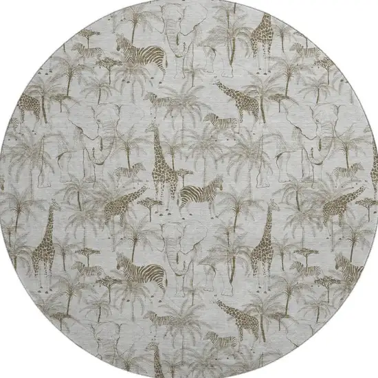 8' Light Gray And Brown Geometric Washable Round Rug With UV Protection Photo 4