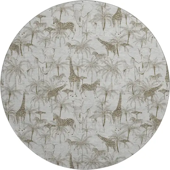 8' Light Gray And Brown Geometric Washable Round Rug With UV Protection Photo 2