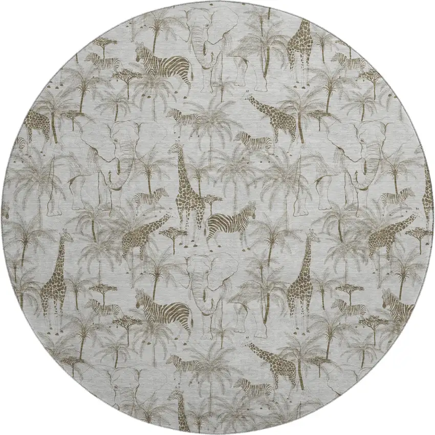 8' Light Gray And Brown Geometric Washable Round Rug With UV Protection Photo 2