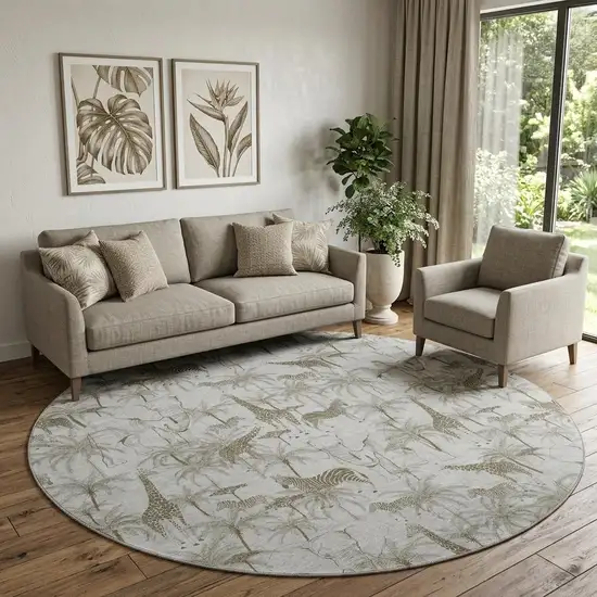 8' Light Gray And Brown Geometric Washable Round Rug With UV Protection Photo 1