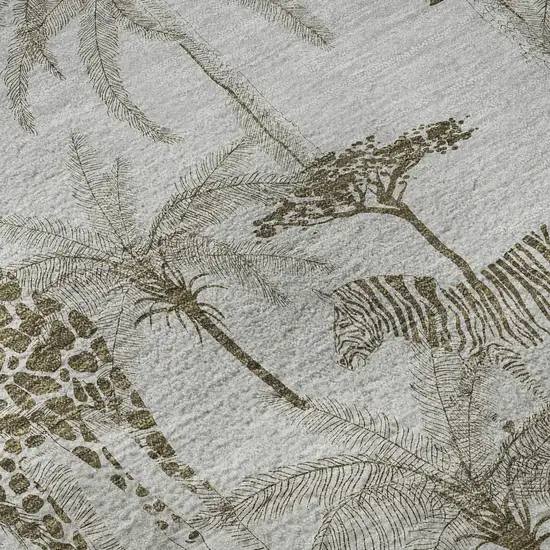 8' Light Gray And Brown Geometric Washable Round Rug With UV Protection Photo 9