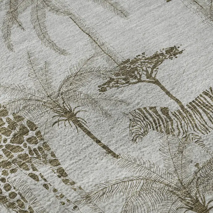 8' Light Gray And Brown Geometric Washable Round Rug With UV Protection Photo 9