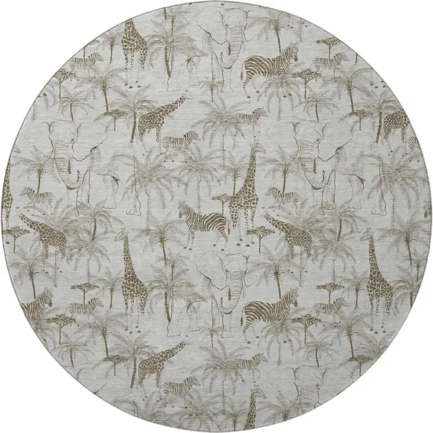 8' Light Gray And Brown Geometric Washable Round Rug With UV Protection Photo 5