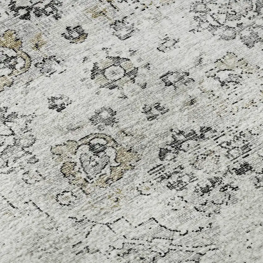 8' Light Gray And Charcoal Floral Medallion Washable Round Rug With UV Protection Photo 9