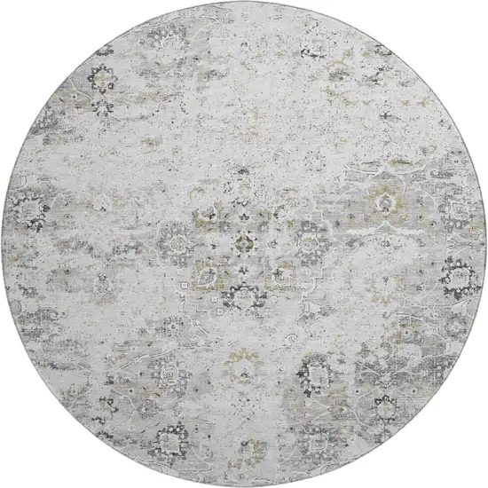 8' Light Gray And Charcoal Floral Medallion Washable Round Rug With UV Protection Photo 2