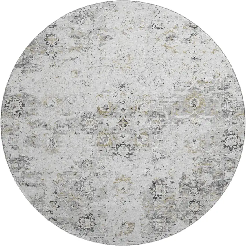 8' Light Gray And Charcoal Floral Medallion Washable Round Rug With UV Protection Photo 2