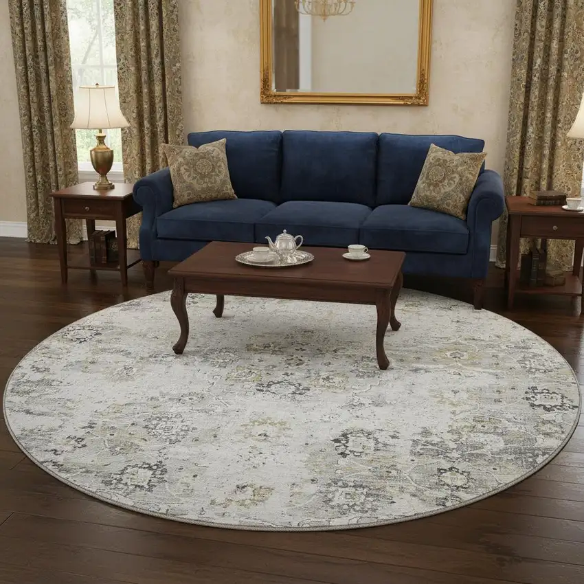 8' Light Gray And Charcoal Floral Medallion Washable Round Rug With UV Protection Photo 1