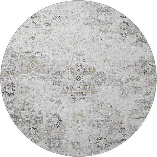 8' Light Gray And Charcoal Floral Medallion Washable Round Rug With UV Protection Photo 5