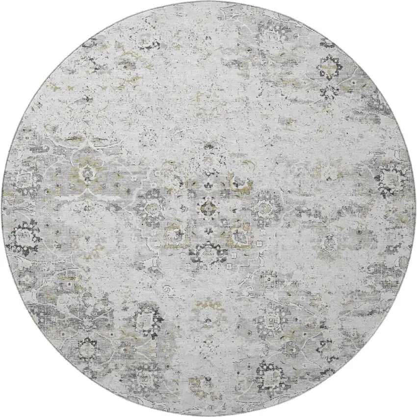 8' Light Gray And Charcoal Floral Medallion Washable Round Rug With UV Protection Photo 5