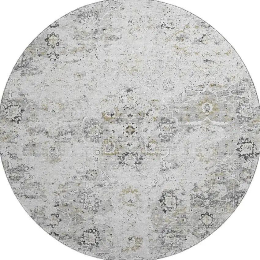 8' Light Gray And Charcoal Floral Medallion Washable Round Rug With UV Protection Photo 4