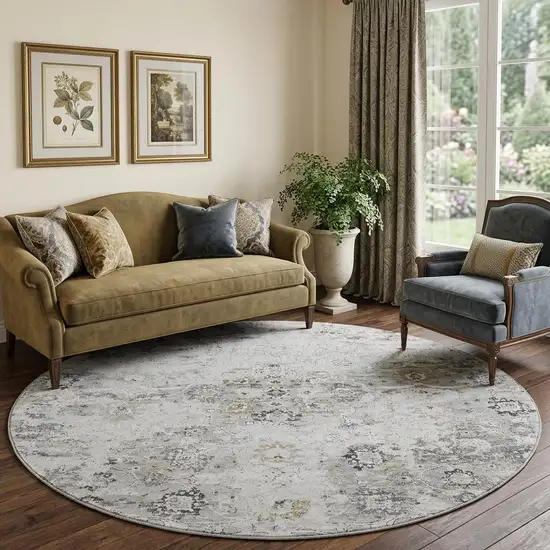 8' Light Gray And Charcoal Floral Medallion Distressed Washable Round Rug With UV Protection Photo 1