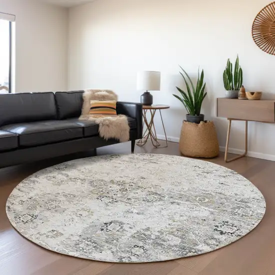 8' Light Gray And Charcoal Floral Medallion Washable Round Rug With UV Protection Photo 6