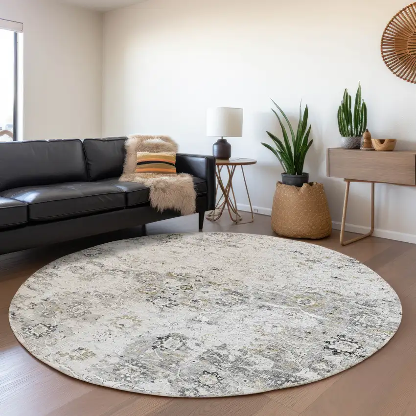8' Light Gray And Charcoal Floral Medallion Washable Round Rug With UV Protection Photo 6