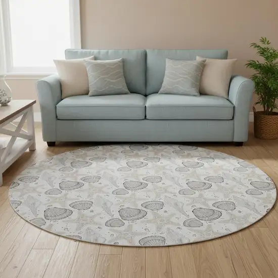8' Light Gray And Charcoal Geometric Washable Round Rug With UV Protection Photo 1