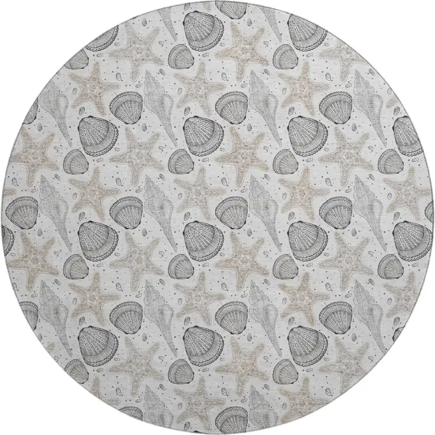 8' Light Gray And Charcoal Geometric Washable Round Rug With UV Protection Photo 1