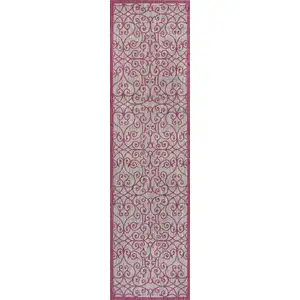 Photo of 10' Light Gray And Fuchsia Geometric Indoor Outdoor Runner Rug