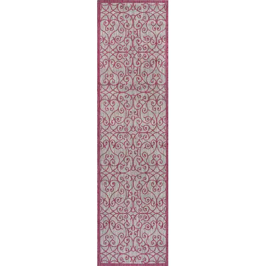 10' Light Gray And Fuchsia Geometric Indoor Outdoor Runner Rug Photo 1