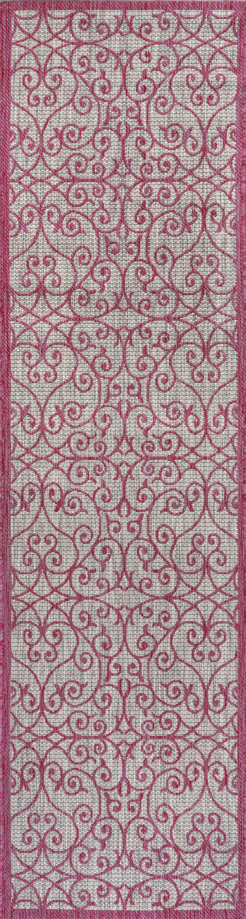 10' Light Gray And Fuchsia Geometric Indoor Outdoor Runner Rug Photo 1